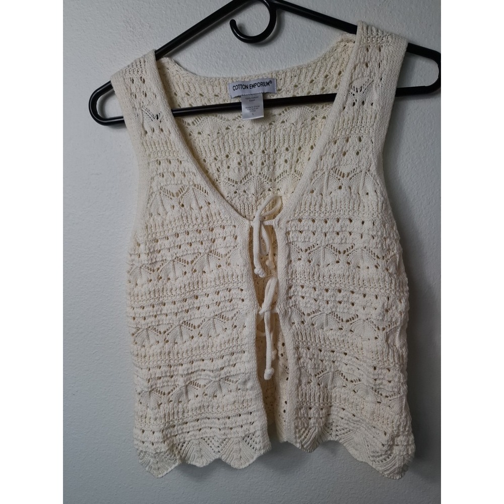 Cotton Emporium Crochet Knit Vest Sleeveless Tie Front Ivory Boho Cottage Sz L